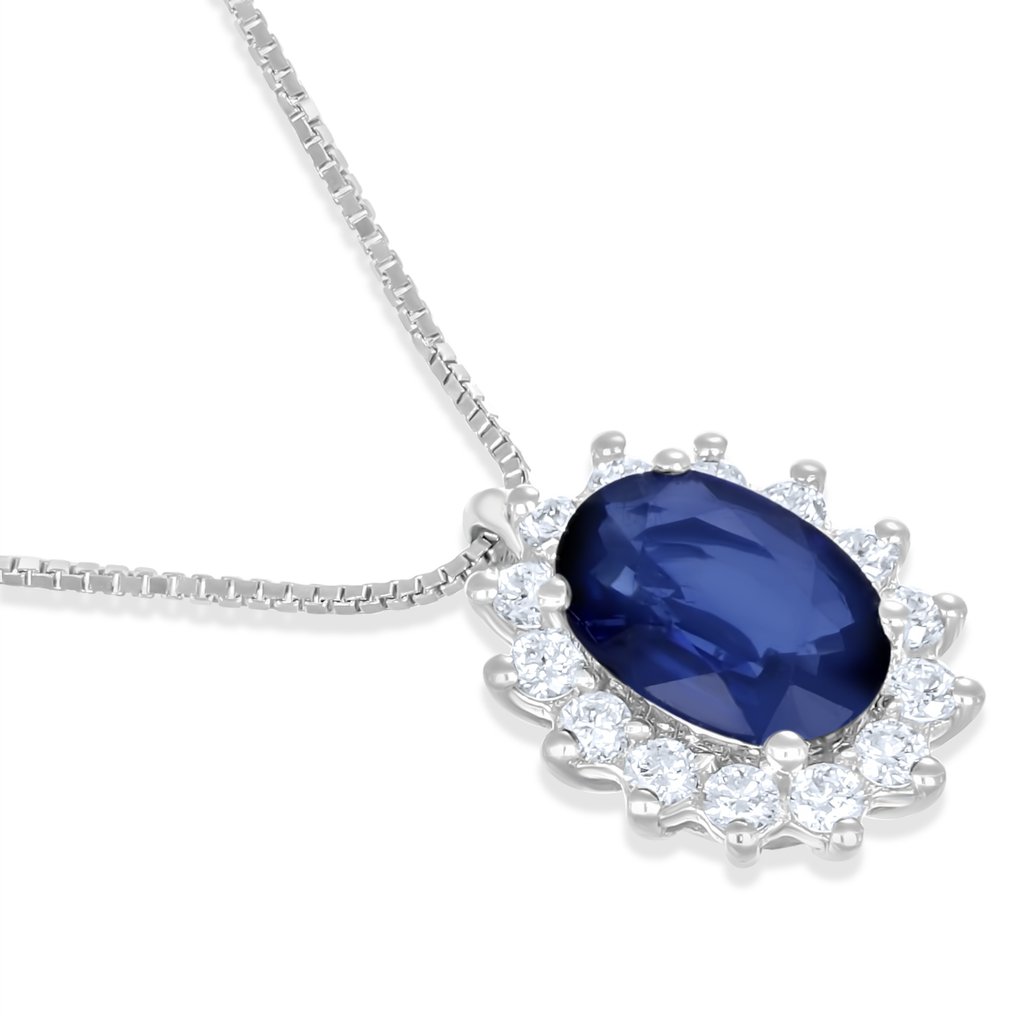 吊墜頸鏈 - 18 克拉 白金 -  0.98ct. tw. 藍寶石 - 鉆石 #2.1