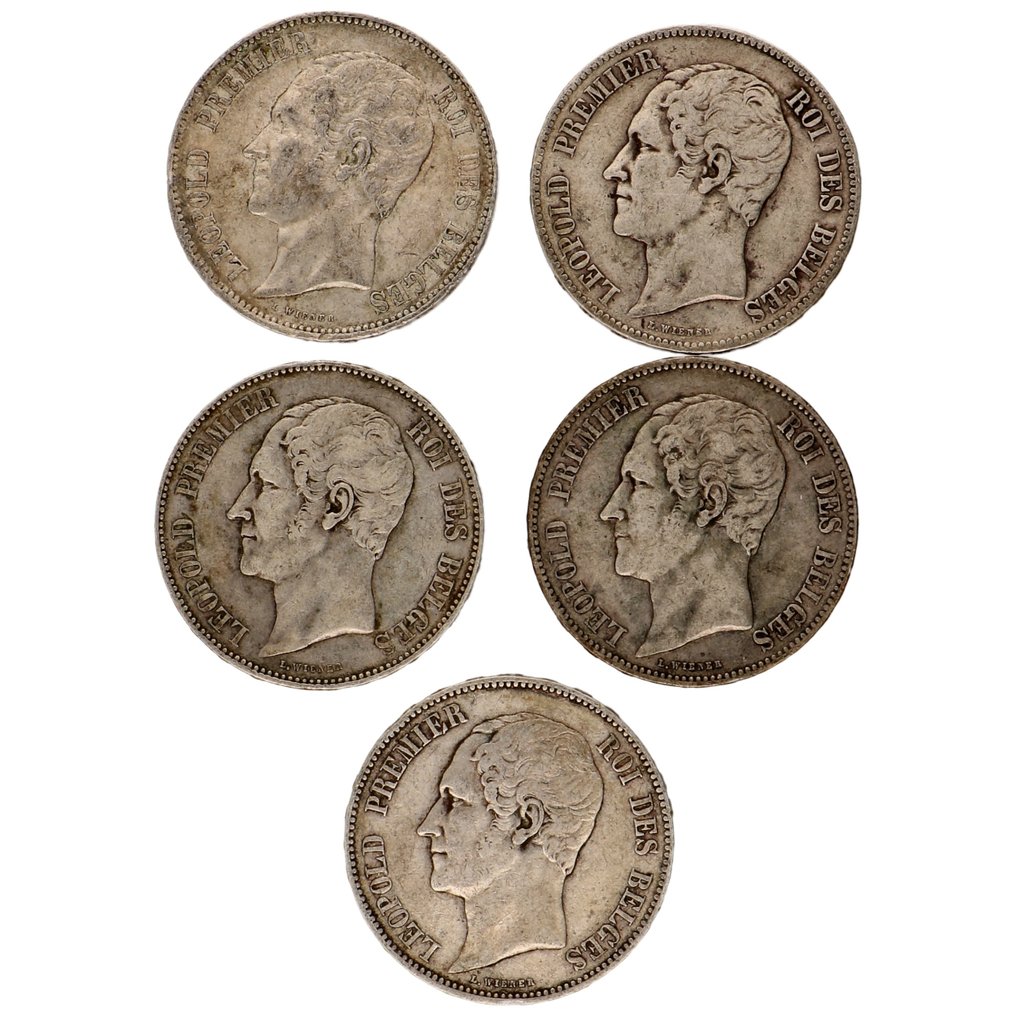 Bélgica. Leopold I (1831-1865). 5 Francs 1849/1852 (5 stuks)  (Sin Precio de Reserva) #1.1