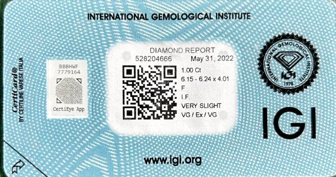 沒有保留價 - 1 pcs 鑽石  (天然)  - 1.00 ct - 圓形 - F(近乎無色) - IF - 國際寶石學院（International Gemological Institute (IGI)） #3.1