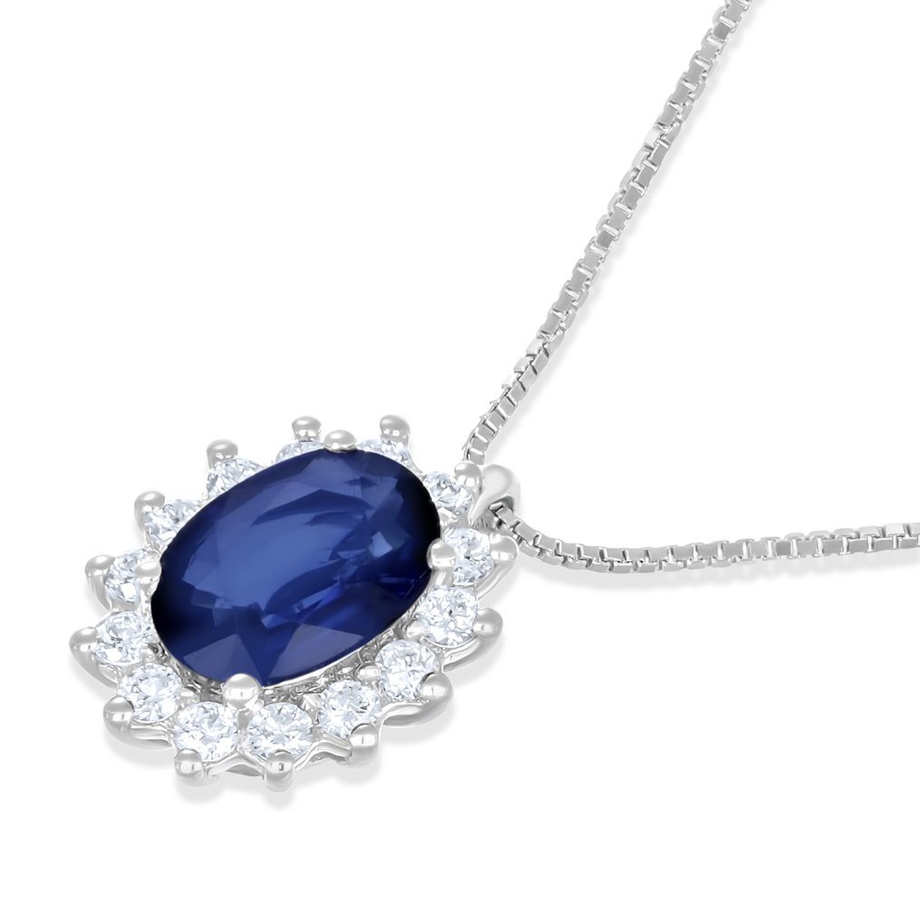 吊墜頸鏈 - 18 克拉 白金 -  0.98ct. tw. 藍寶石 - 鉆石 #3.2