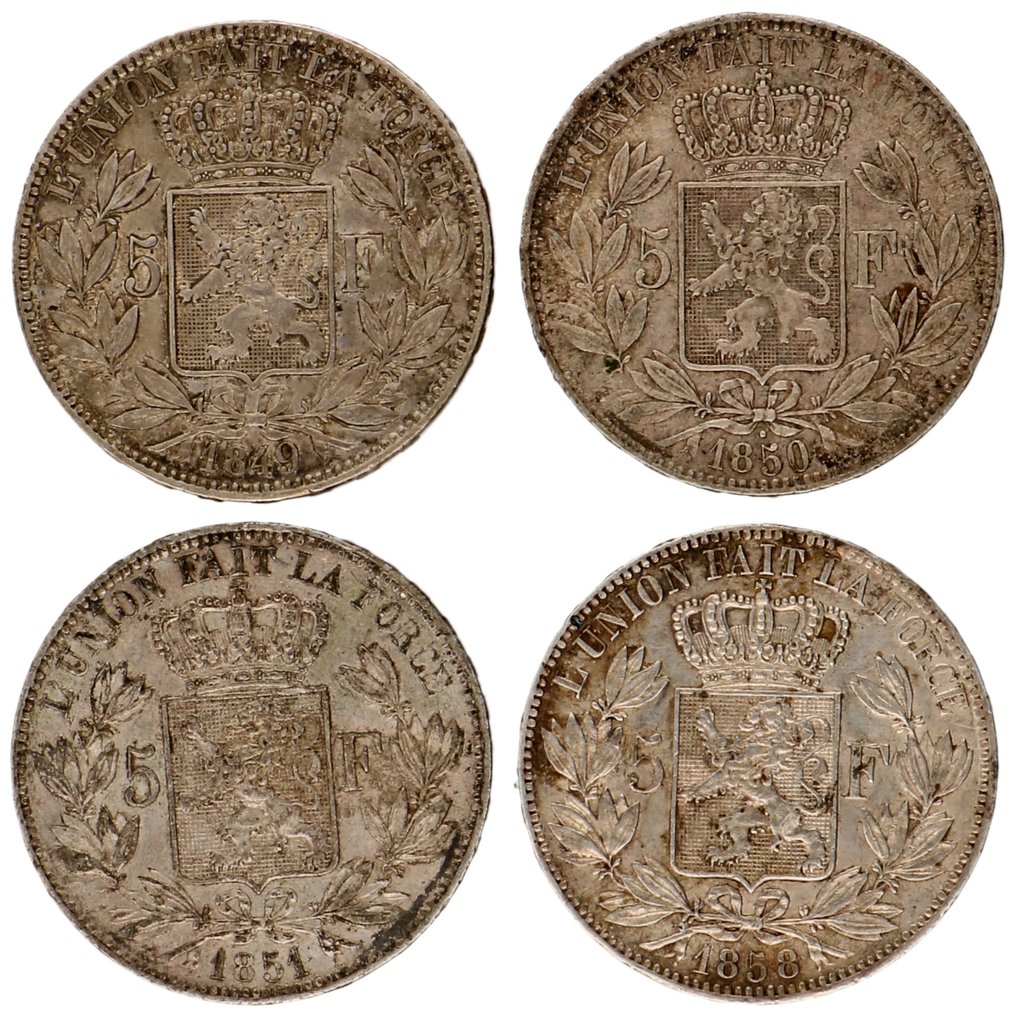 Bélgica. Leopold I (1831-1865). 5 Francs 1849/1858 (4 stuks)  (Sem preço de reserva) #1.2