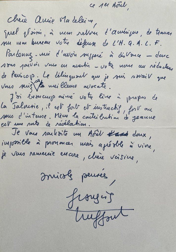 François Truffaut - Lettre autographe signée à Madeleine Chapsal - 1977 #1.1