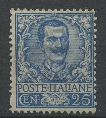 Italia - Reino 1901 - Efigie de V.E.III 25 céntimos azul de la serie floral, nueva con goma - Sassone n.73 #1.1