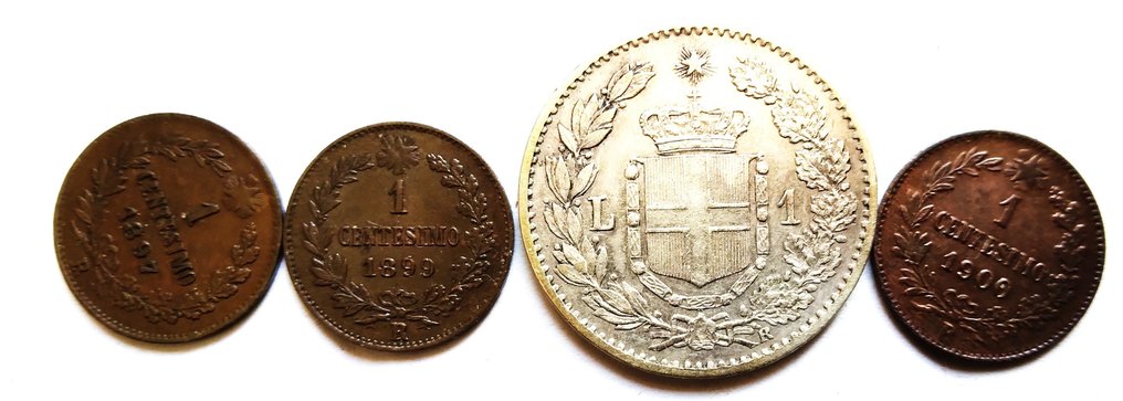 Italia, Italian kuningaskunta. Umberto I di Savoia (1878-1900). Lotto 4 monete (1 Centesimo / 1 Lira) 1897/1900  (Ei pohjahintaa) #2.1