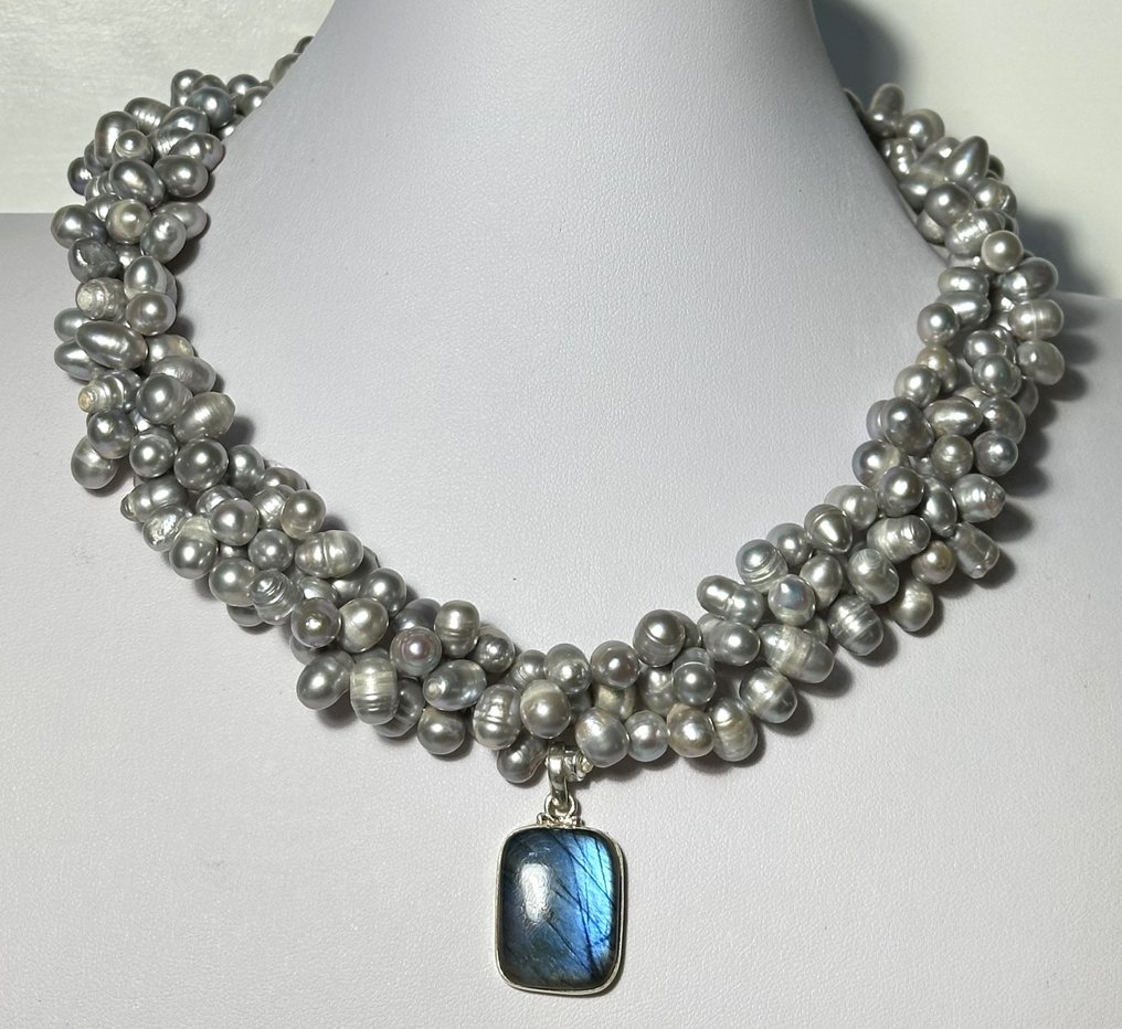 Natürliche graue Perle mit Anhänger mit blauem Labradorit (30 ct). Frieden, Weisheit, Sauberkeit. - Halskette mit Anhänger #1.1