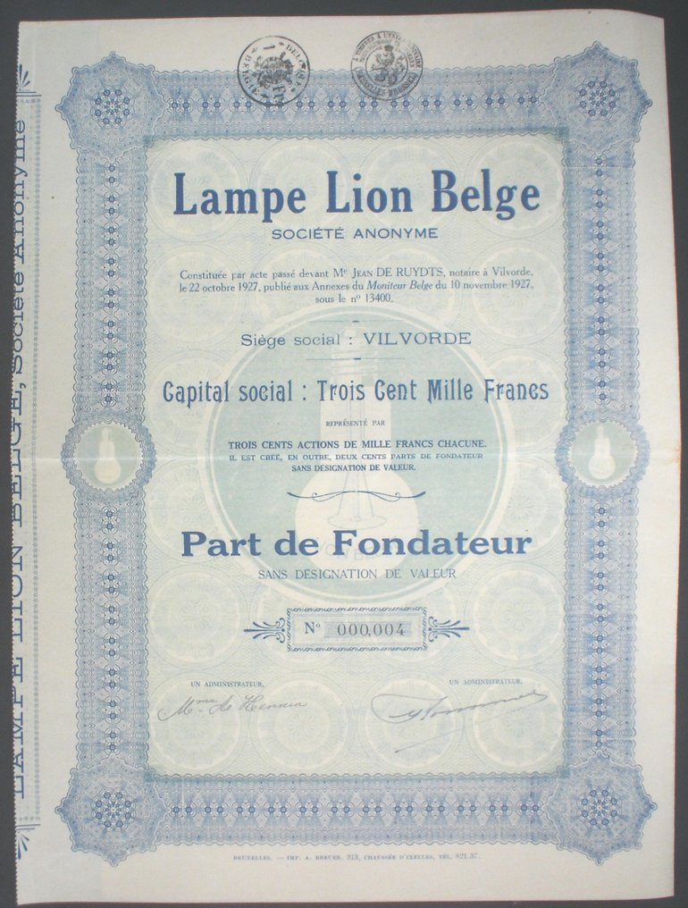 Βέλγιο. - Part de Fondateur - 1927 - Lampe de Lion Belge Vil Vorde  (χωρίς τιμή ασφαλείας) #1.1