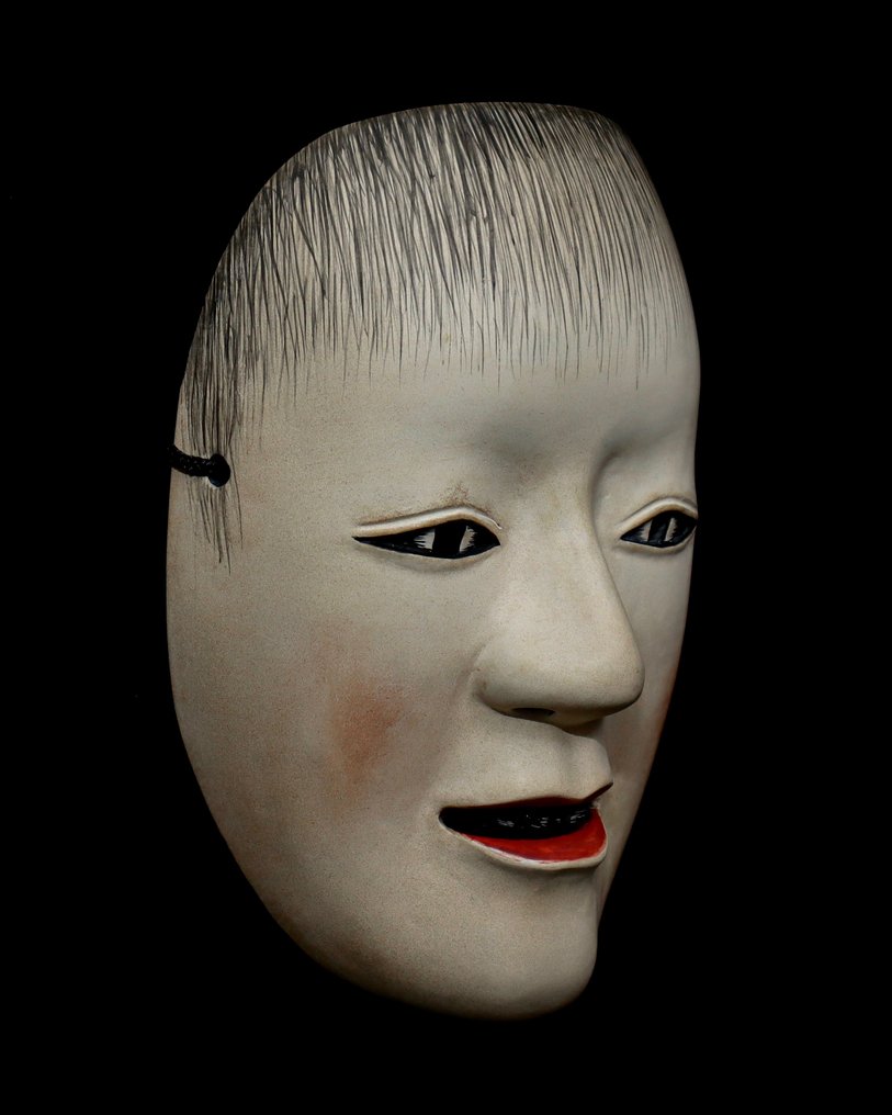 SIGNED Japan Wooden Noh Mask 能面 of DOJI 童子 (signed 雲静) - Sculpture Wood - Japan  (No Reserve Price) #2.1