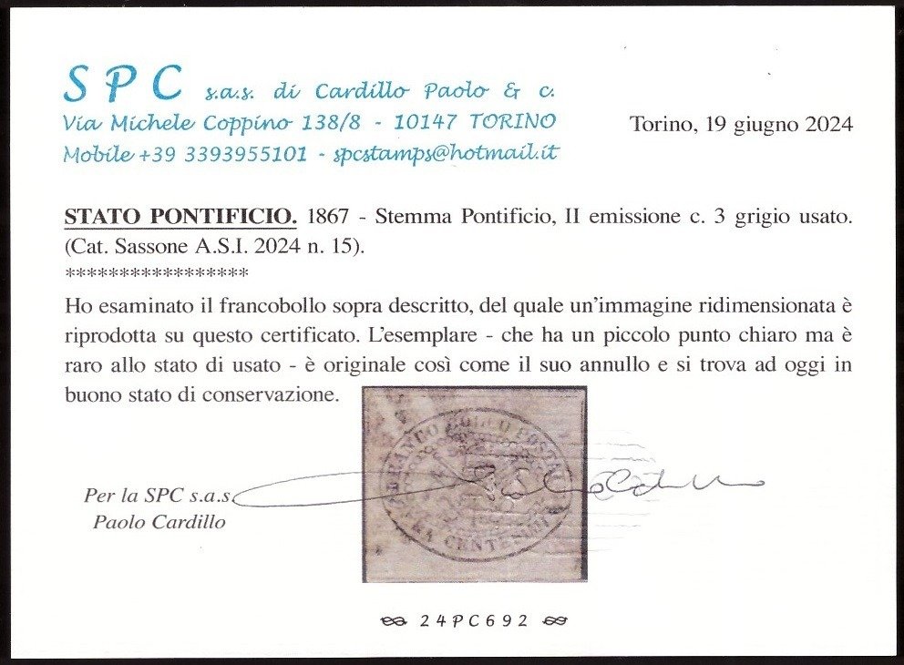 Antiguos Estados de Italia - Estado Pontificio 1867 - 3 centavos gris no dentado - Sassone N. 15 #2.2