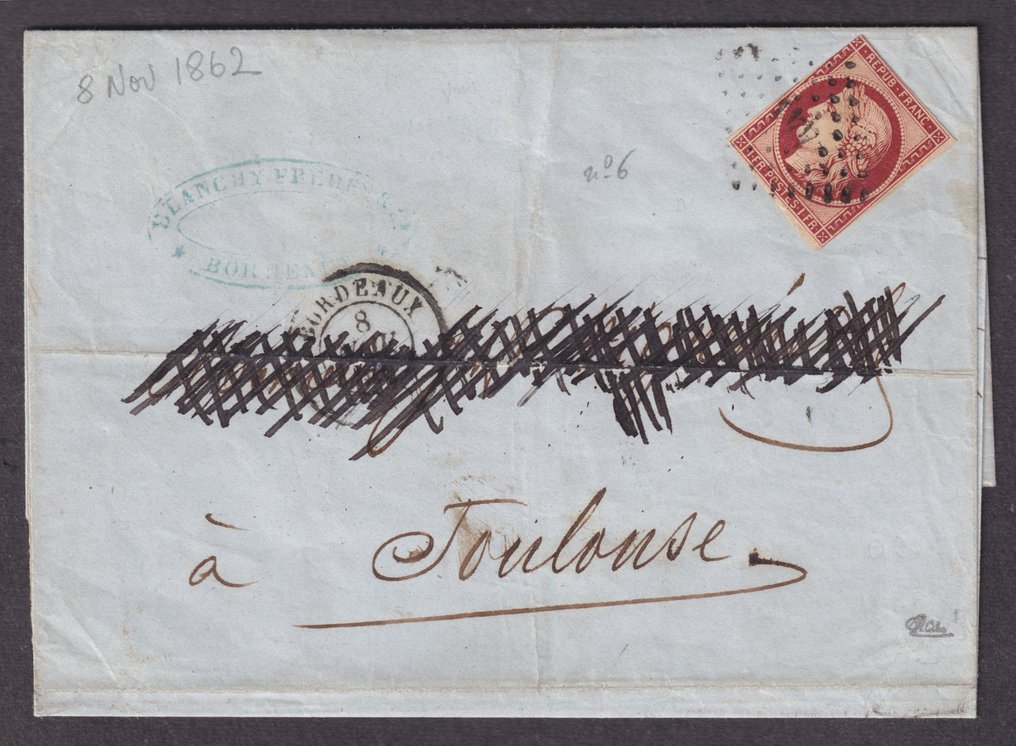 Frankrike 1862 - Brev fra Bordeaux til Toulouse med nr. 6, poststemplet PC. Se beskrivelse. Vakker - Yvert #1.1