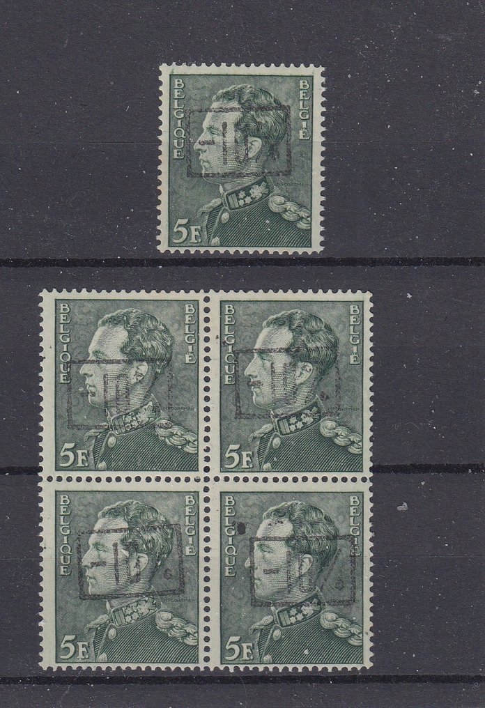 Belgia 1946 - - 10 % postimerkkejä - OBP : 724E blok van 4 + 1 ( enkele roestpuntjes) + 724F in blok van 4 #2.1