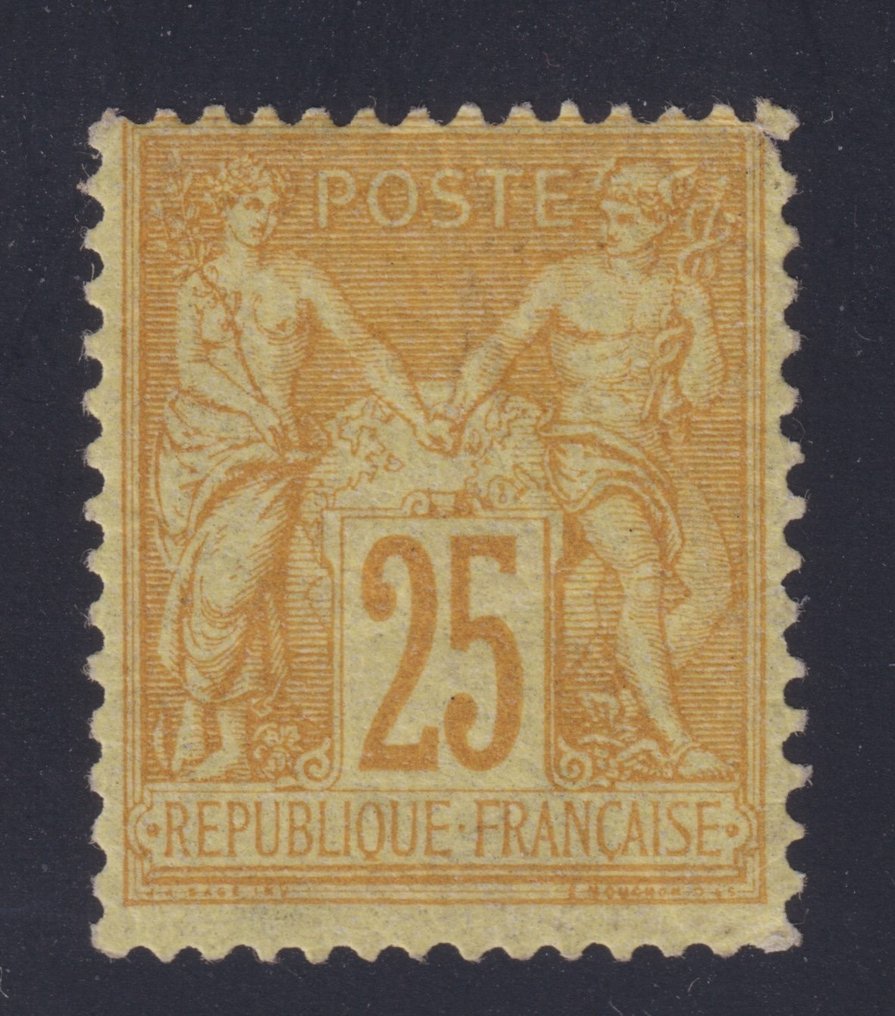 Franța 1879 - Sages, nr. 92, 25c bistre pe galben, mentă* semnat Calves et Brun și certificat. Frumoasa - Yvert #1.1