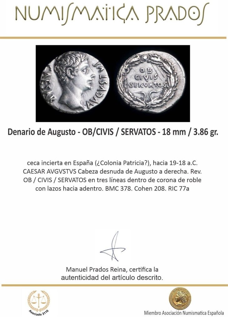 羅馬帝國. 奧古斯都 (27 BC-AD 14). Denarius ceca incierta en España (¿Colonia Patricia?) - OB/CIVIS / SERVATOS #2.1