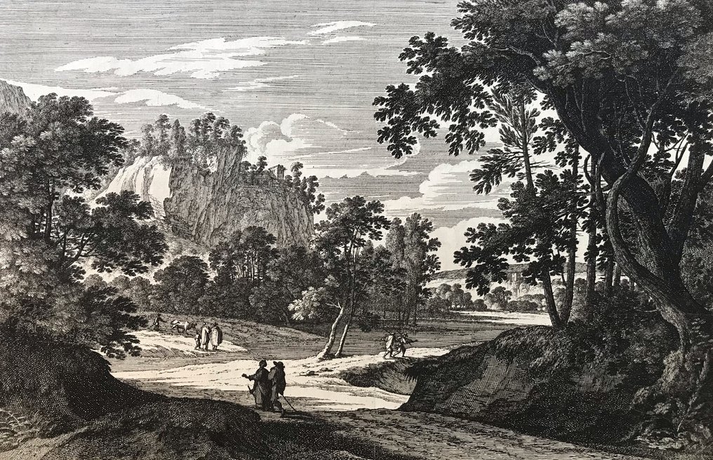 Gabriel Perelle (1604-1677) - “Paesaggio con escursionisti lungo un fiume “ Primo stato #1.1