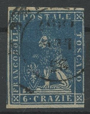 Antichi Stati italiani - Toscana 1857 - Marzocco Leone mediceo 6 crazie azzurro cupo filigrana linee ondulate usato - Sassone n.15b #1.1