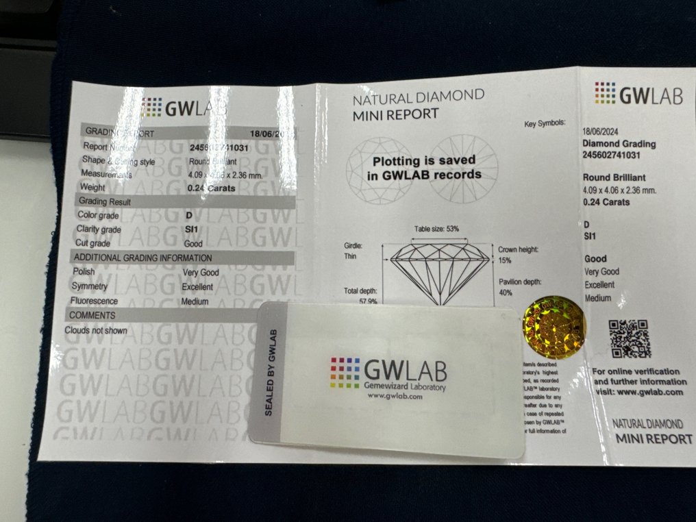 没有保留价 - 1 pcs 钻石  (天然)  - 0.24 ct - 圆形 - D (无色) - SI1 微内含一级 - Gemewizard宝石实验室（GWLab） #3.2