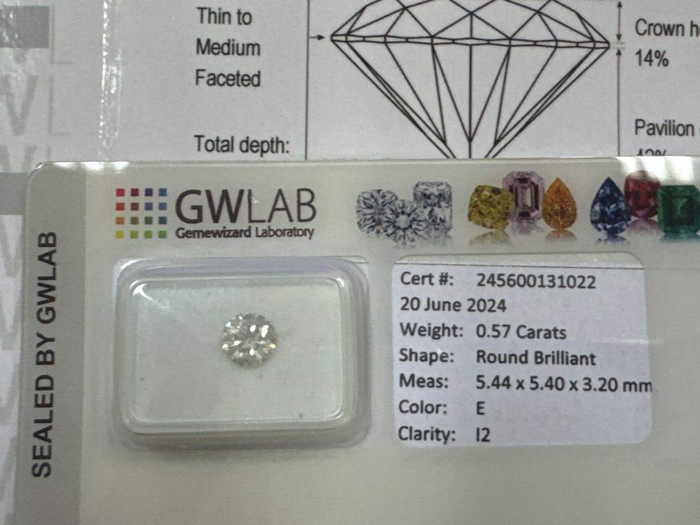 Ohne Mindestpreis - 1 pcs Diamant  (Natürlich)  - 0.57 ct - Rund - E - I2 - Gemewizard Gemological Laboratory (GWLab) #2.2