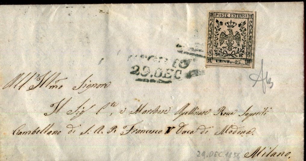 Αρχαία ιταλικά κράτη - Μόντενα 1852 - Ταχυδρομικές σχέσεις μεταξύ του Δουκάτου της Μόντενα και της Λομβαρδίας-Βενετίας. - Sassone 4 #1.1