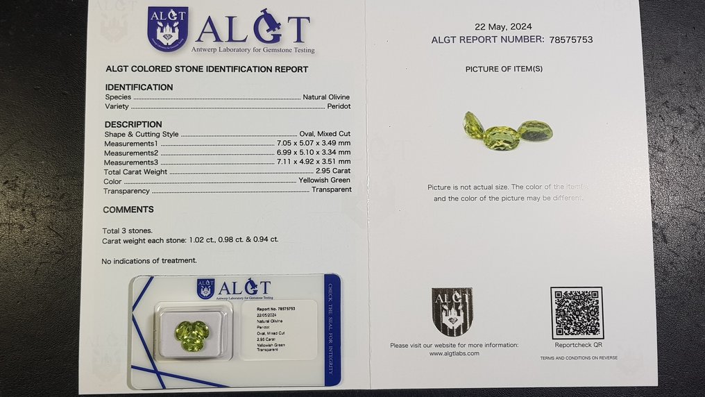 3 pcs  绿色 橄榄石  - 2.95 ct - 安特卫普宝石检测实验室（ALGT） #3.1