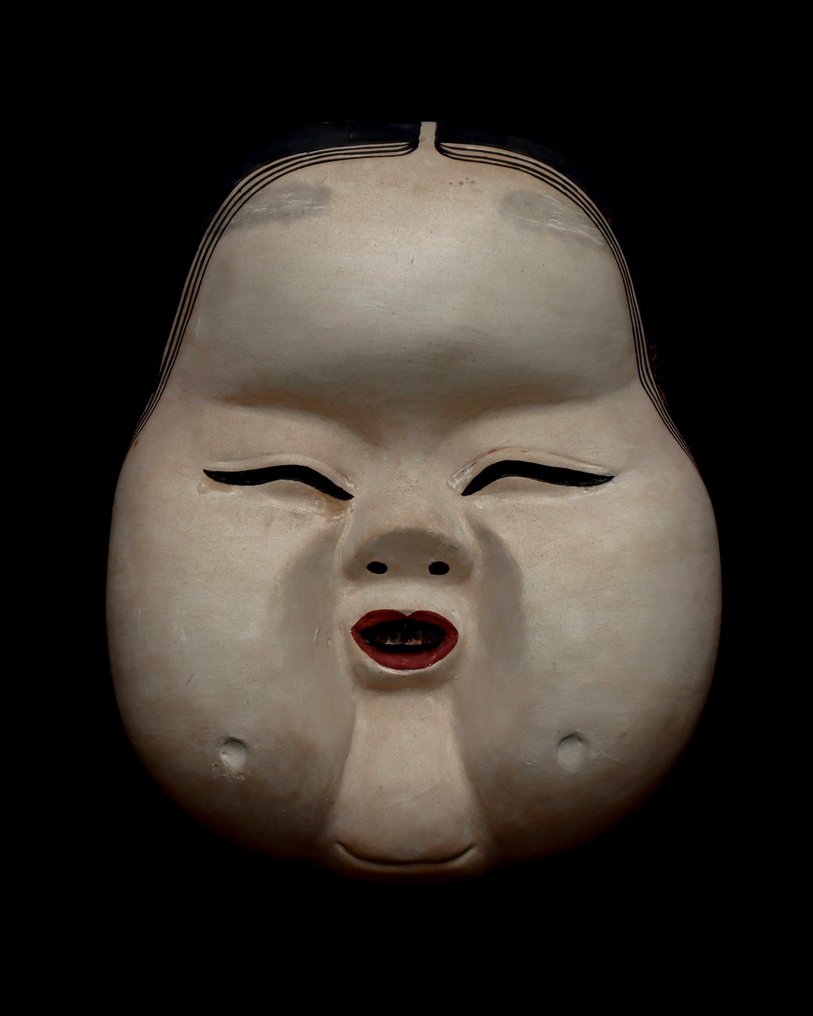 SIGNED Japan Wooden NOH Mask of OTO （能面 乙御前）with mask bag - Szobor Fa - Japán  (Nincs minimálár) #1.1