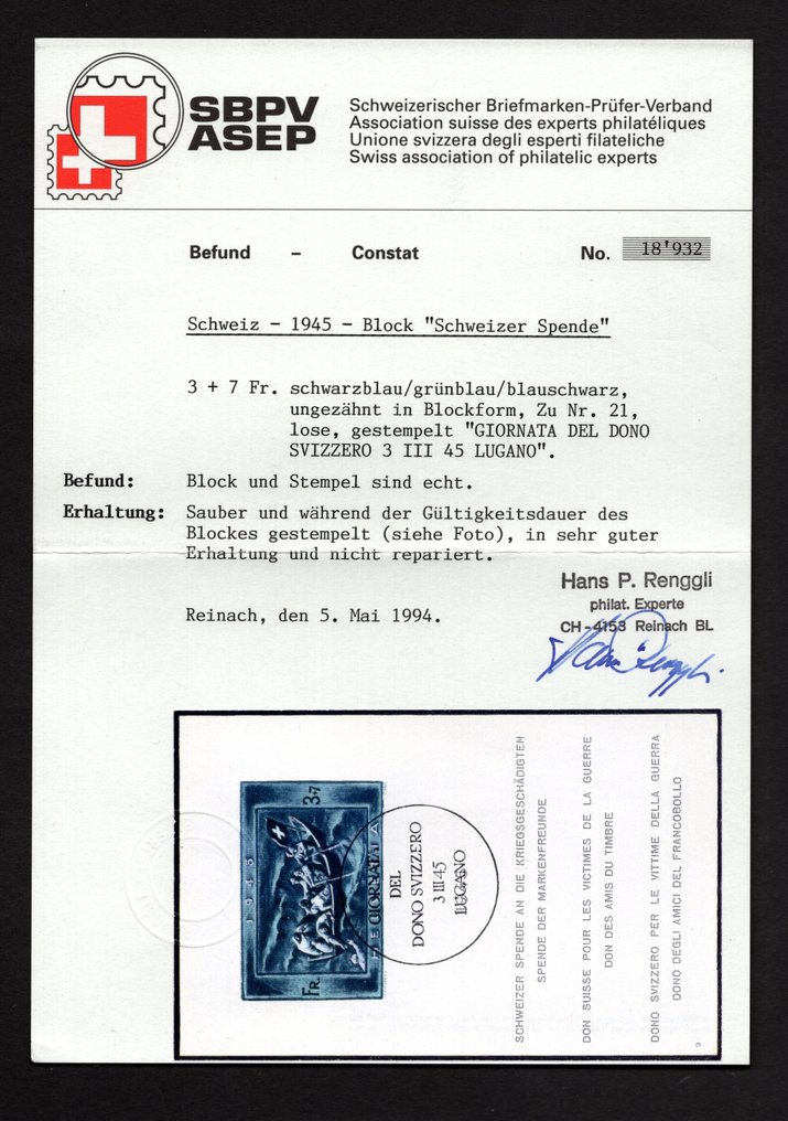 Schweiz 1945 - Krigsofre - Gratis forsendelse til hele verden - Zumstein 21 / Michel Blok 11 #2.1