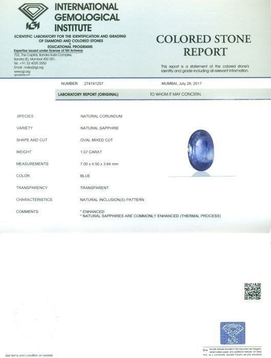 Zonder minimumprijs - 1 pcs  Blauw Saffier  - 1.07 ct - International Gemological Institute (IGI) - Sapphire #2.1
