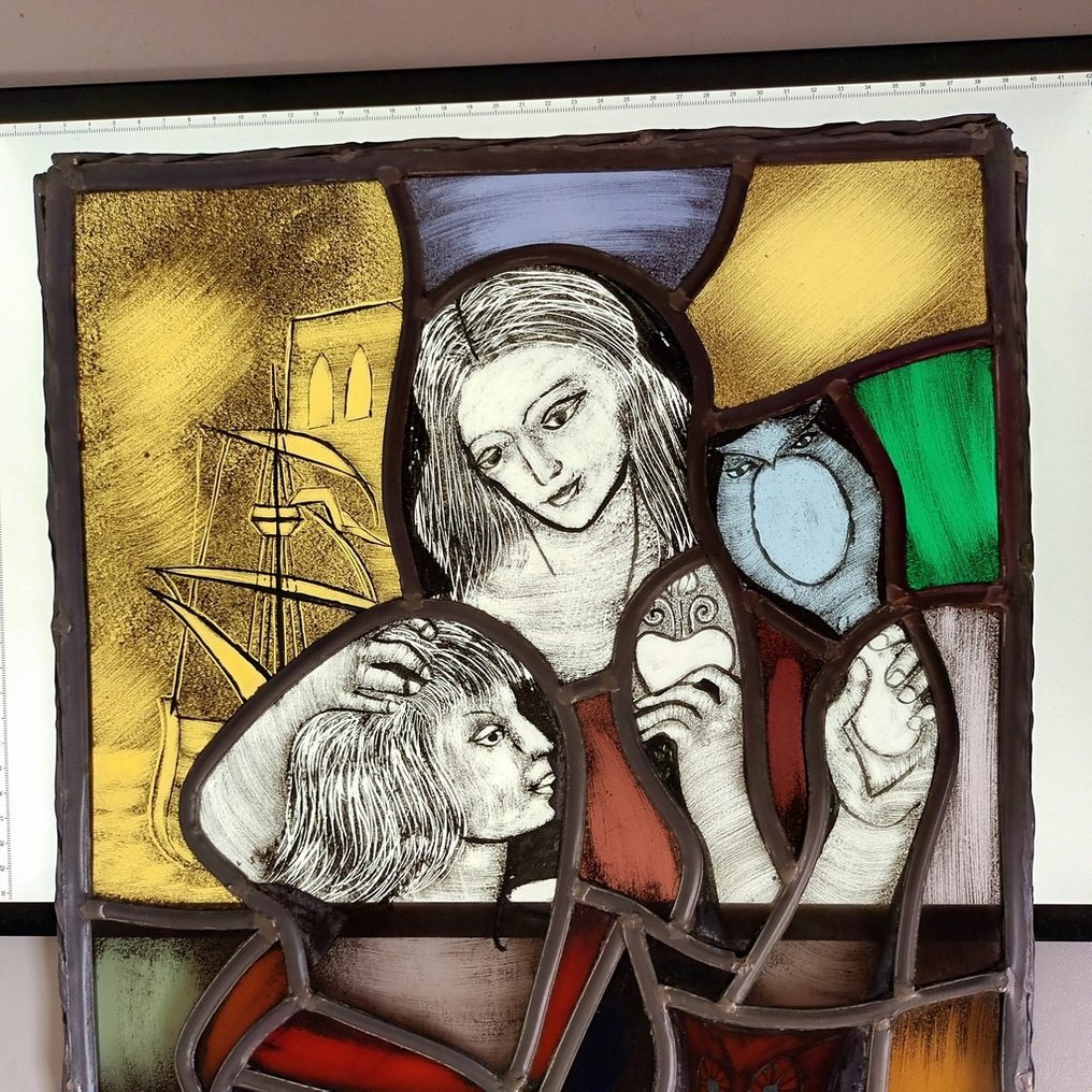  彩色玻璃窗 - P. van der Meersch (xx-eeuw) - 1920-1930 - 母女-52x37cm  #2.1
