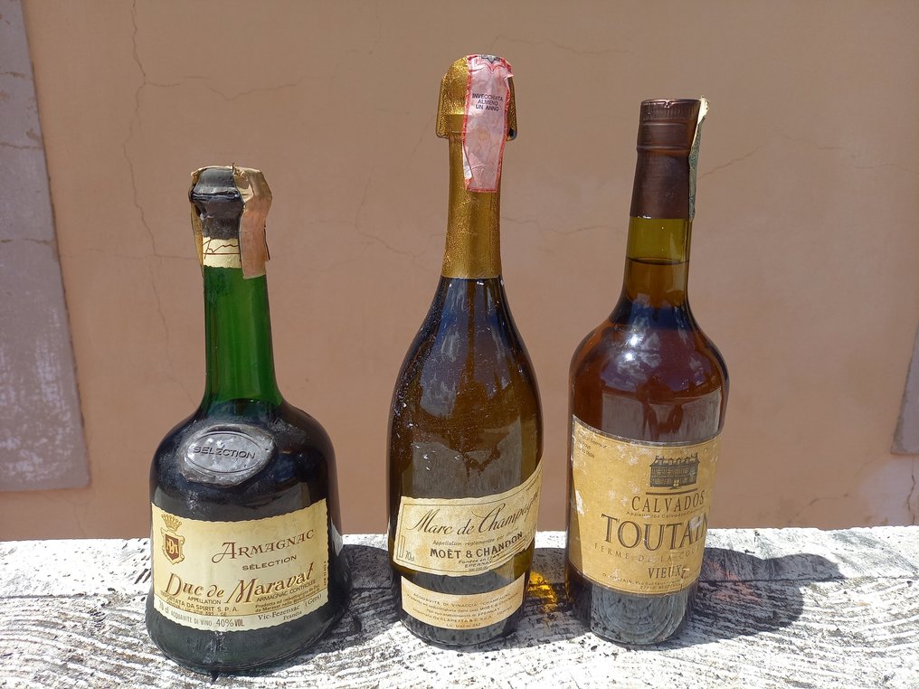 Duc de Maravat, Moët & Chandon, Toutain - Armagnac, Calvados + Marc de Champagne  - b. 1970年代, 1980年代, 1990年代 - 70厘升 - 3 瓶 #1.1
