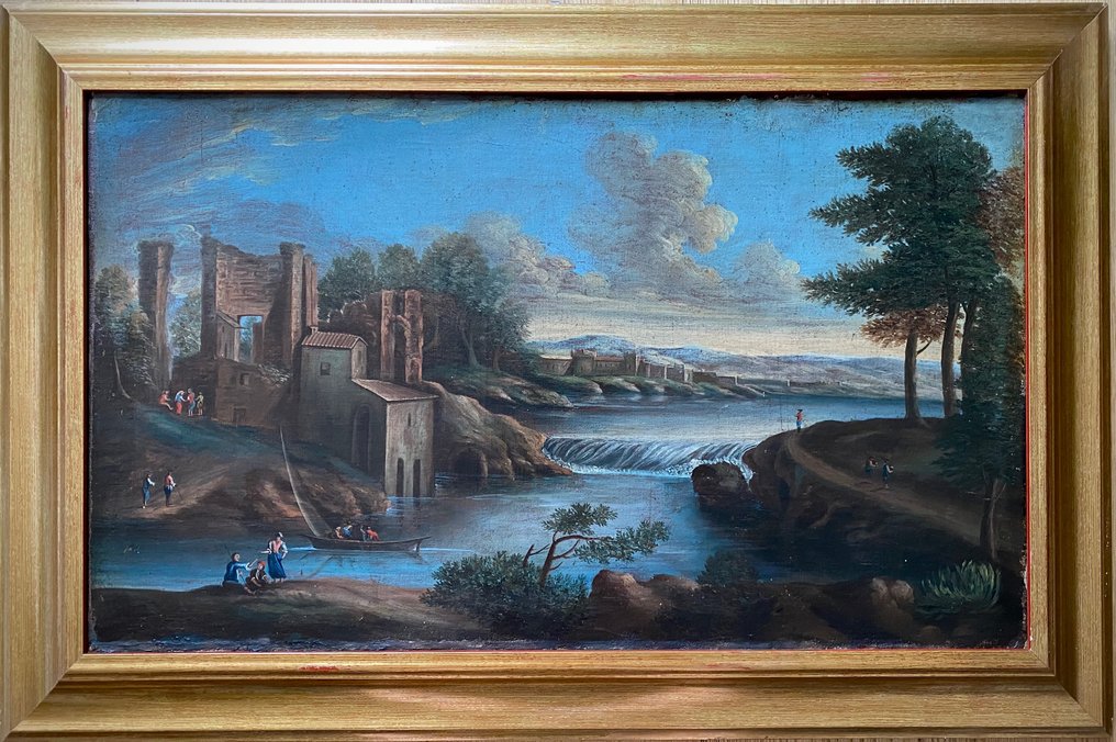 Scuola Veneta (XVIII) - Paesaggio fluviale con capriccio architettonico e figure #2.2