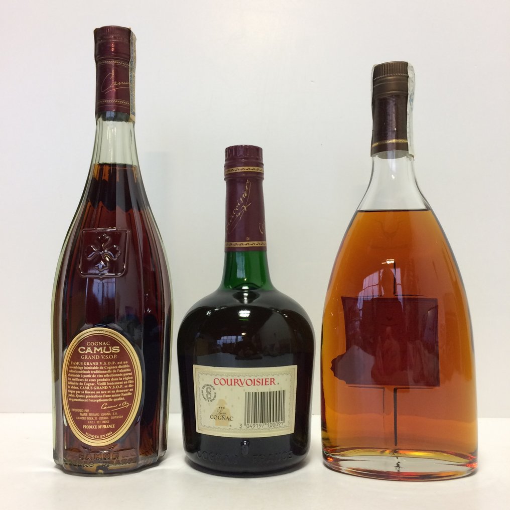 Camus, Courvoisier, Chabasse - VSOP Cognac, VSOP Grand Cognac & Three Stars Luxe Cognac  - b. Années 1980, Années 1990, Années 2000 - 70cl - 3 bouteilles #1.2