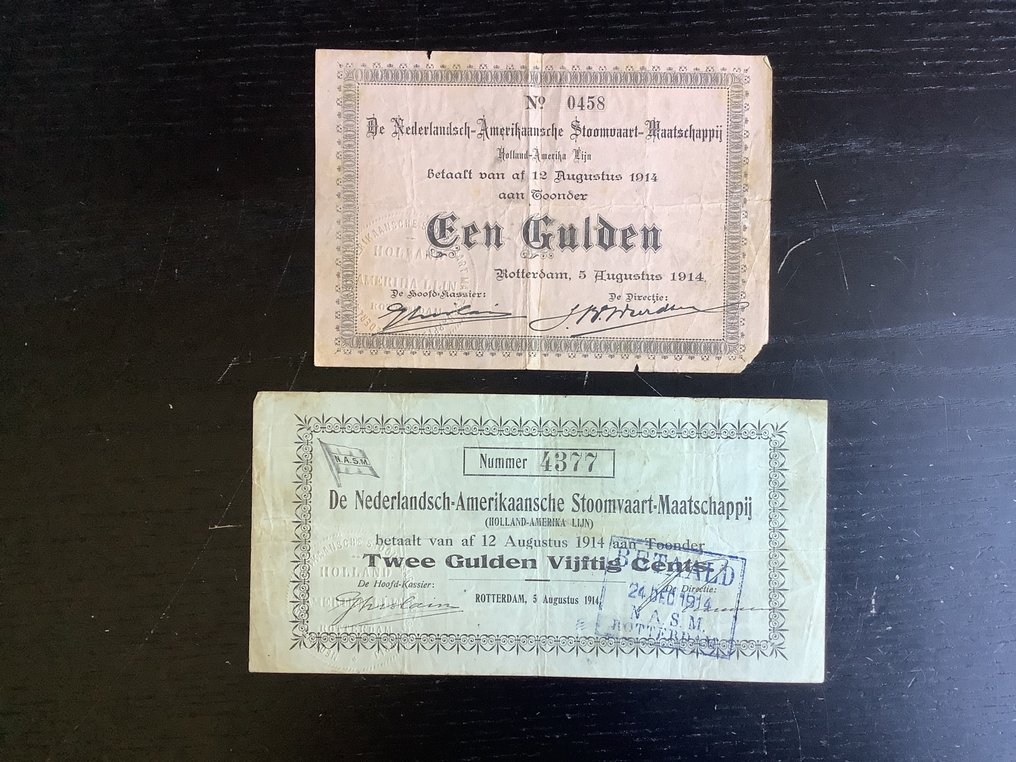 Nederland. - 2 Biljetten Noodgeld 1914 Rotterdam Nederlandsch-Amerikaansche StoomvaartMij.  (Ingen reservasjonspris) #1.1