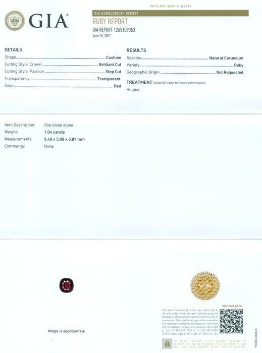 Zonder minimumprijs - 1 pcs  Rood, Paars Robijn  - 1.04 ct - Gemological Institute of America (GIA) - Onverwarmde onbehandelde robijn #2.1