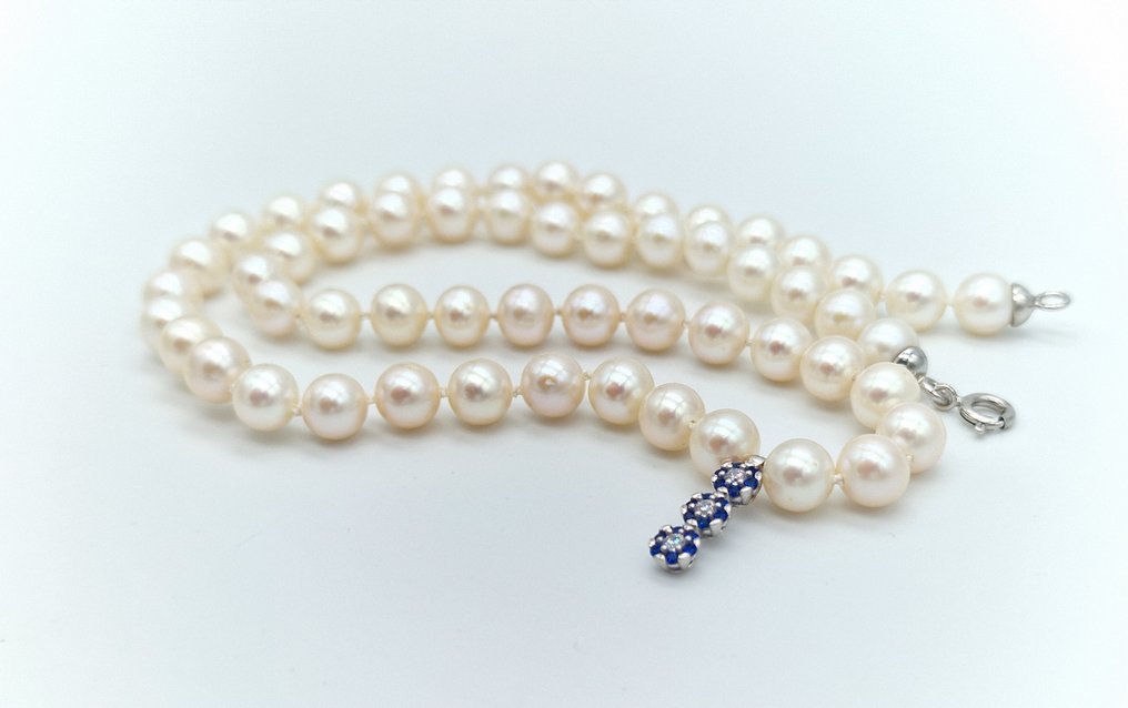 Senza Prezzo di Riserva - Collana - 18 carati Oro bianco Perla - Diamante - 18 zaffiri blu #2.2