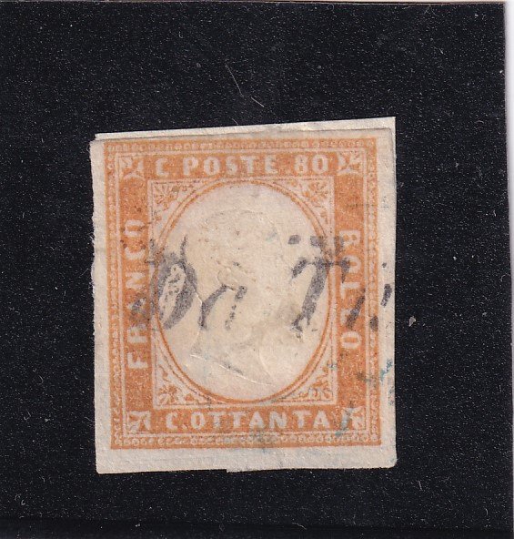 State Italiene Antice - Sardinia 1858/1862 - 80 de cenți portocaliu închis bistro, a 4-a ediție folosită - Sassone N. 17a #1.1