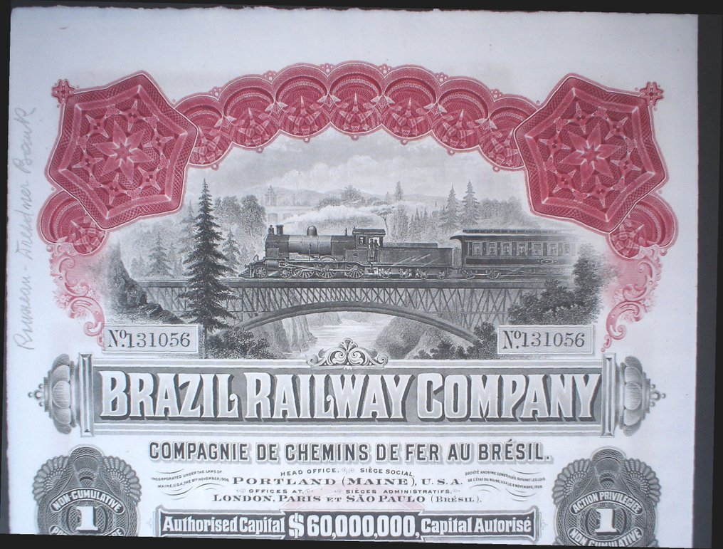 Brazil. - 100 Dollars - 1913 - Brazil Railway Company -  Portland Maine  (No Reserve Price) #2.1