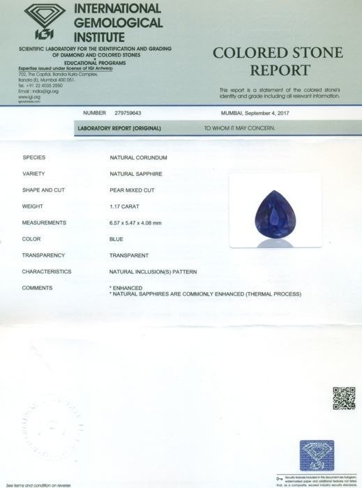 没有保留价 - 1 pcs  蓝色 蓝宝石  - 1.17 ct - 国际宝石研究院（IGI） - 蓝宝石 #2.1