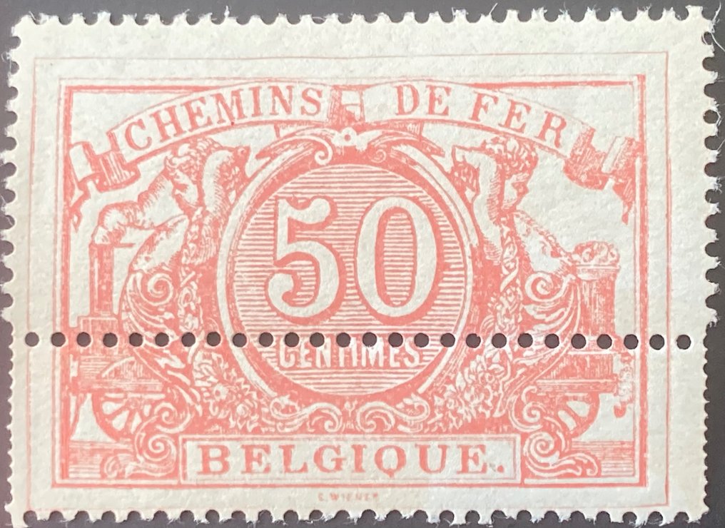 Bélgica 1882 - Selo ferroviário 1882/94: 50c rosa com erros de perfuração - OBP/COB TR11v-Cu #1.1