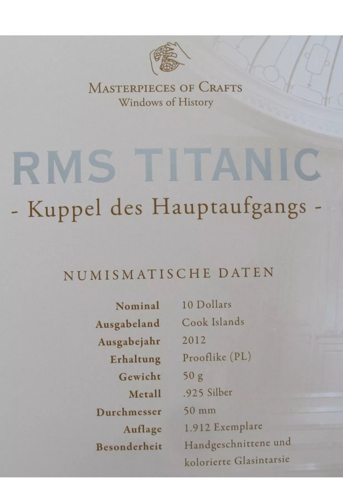Cook-Inseln. 10 Dollars 2012 Windows of History RMS Titanic - 50g mit COA und BOX #3.2