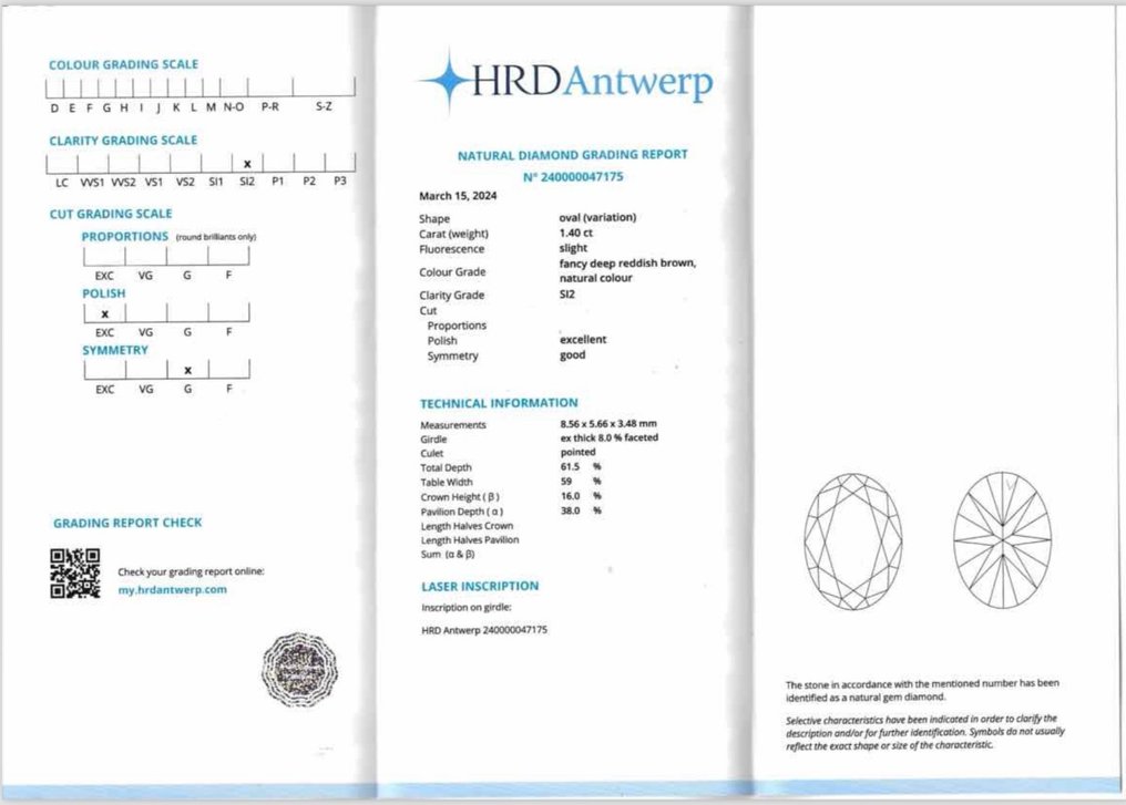 1 pcs 钻石  (天然色彩的)  - 1.40 ct - 椭圆形 - Fancy deep 稍帶红色的 棕色 - SI2 微内含二级 - 比利时高阶层钻石议会 #3.2