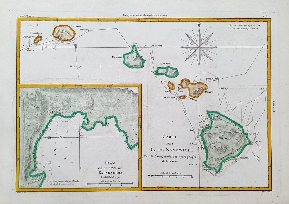 Amerika, Landkarte - Nordamerika / Pazifischer Ozean / Hawaii-Inseln / Honolulu / Oahu; Desmarest & Bonne - Carte des Isles Sandwich / Plan de la baye de Karakakooa - 1781-1800 #1.1