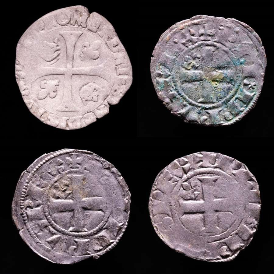 法國. Lot of 4 medieval French silver coins, consisting 3 x doubles tournois and Douzain 13th - 16th centuries  (沒有保留價) #1.1