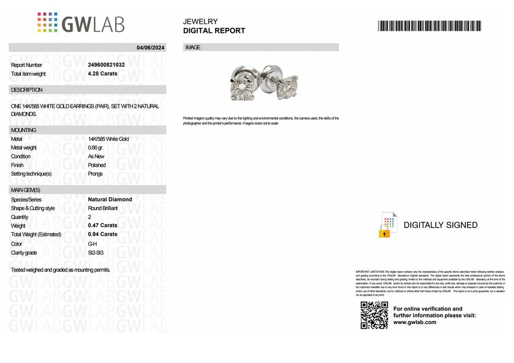 Ohne Mindestpreis - Ohrringe - 14 kt Weißgold -  0.94ct. tw. Diamant  (Natürlich) - GW #2.1