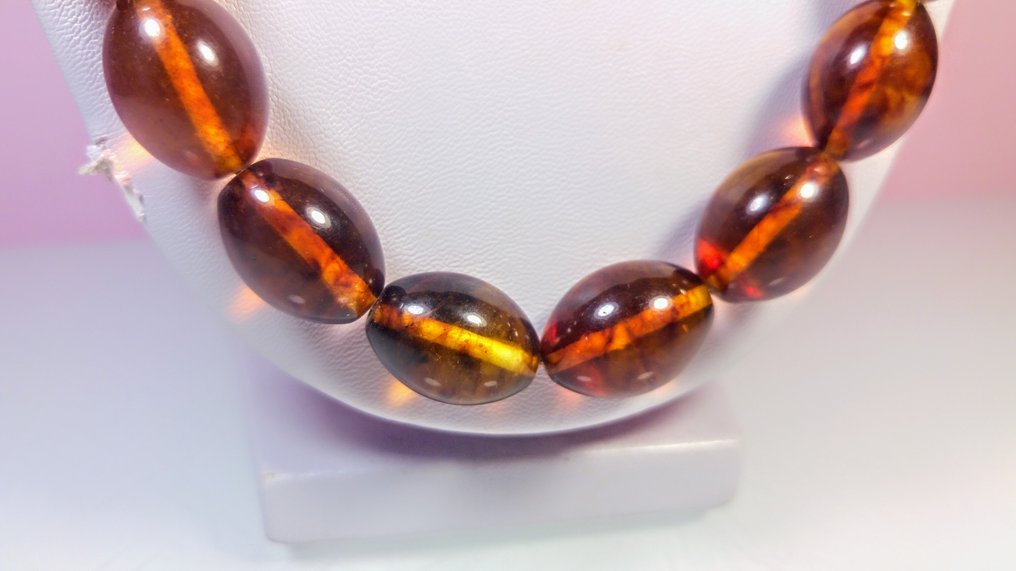 Baltic Amber halskæde - Rav - modified Cognac colour - olive shaped beads - 70 cm - 13 mm  (Ingen mindstepris) #2.3