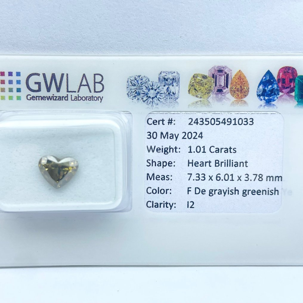 No Reserve Price - 1 pcs Diamond  (Natural coloured)  - 1.01 ct - Heart - Fancy deep Greenish, Greyish Yellow - I2 - Gemewizard Gemological Laboratory (GWLab) #3.1