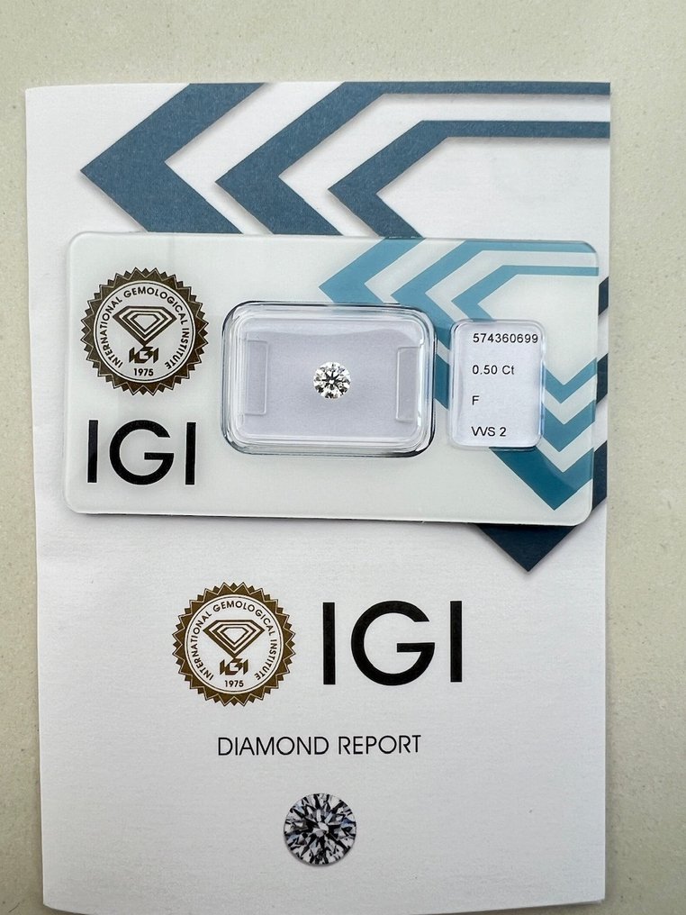 Ingen reservasjonspris - 1 pcs Diamant  (Naturlig)  - 0.50 ct - Rund - F - VVS2 - Det internasjonale gemologiske institutt (IGI) #1.1