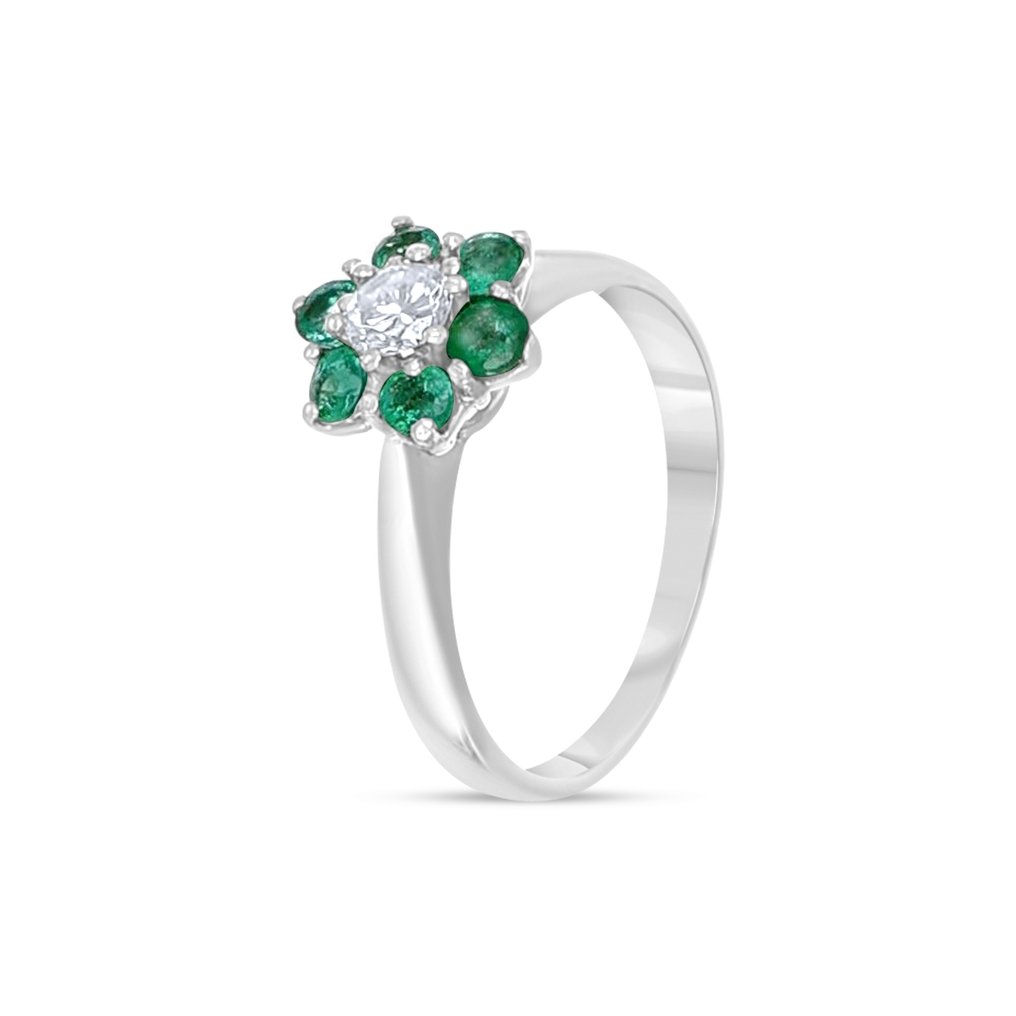 Ring - 18 kt. White gold -  0.25ct. tw. Diamond  (Natural) - Emerald #2.1