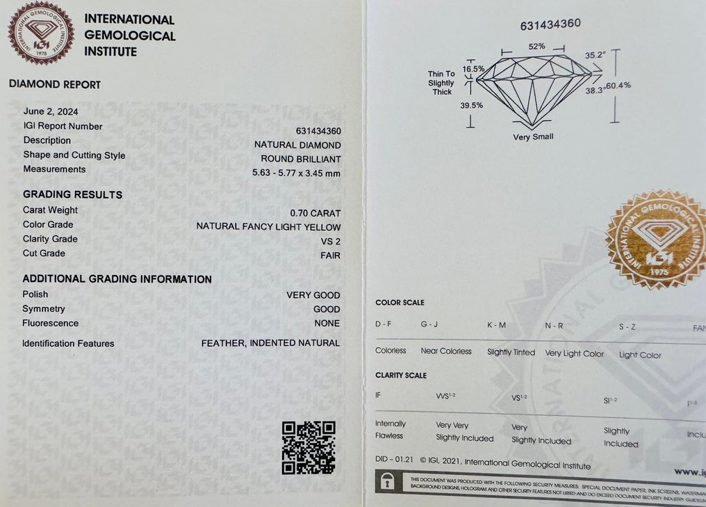 1 pcs Gyémánt  (Természetes színű)  - 0.70 ct - Kerek - Fancy light Sárga - VS2 - Nemzetközi Gemmológiai Intézet (IGI) #3.1