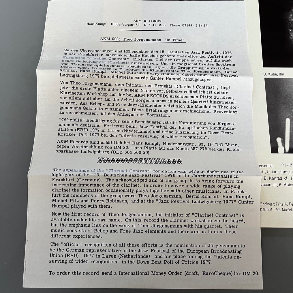 Theo Jörgensmann - In Time (1st German pressing, with two letters!!) - Signed! - Album LP (article autonome) - Premier pressage - 1977 #3.2