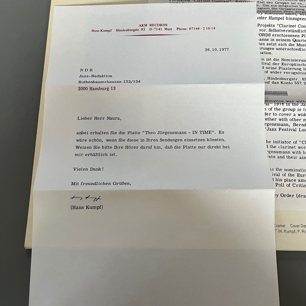 Theo Jörgensmann - In Time (1st German pressing, with two letters!!) - Signed! - Album LP (article autonome) - Premier pressage - 1977 #4.3