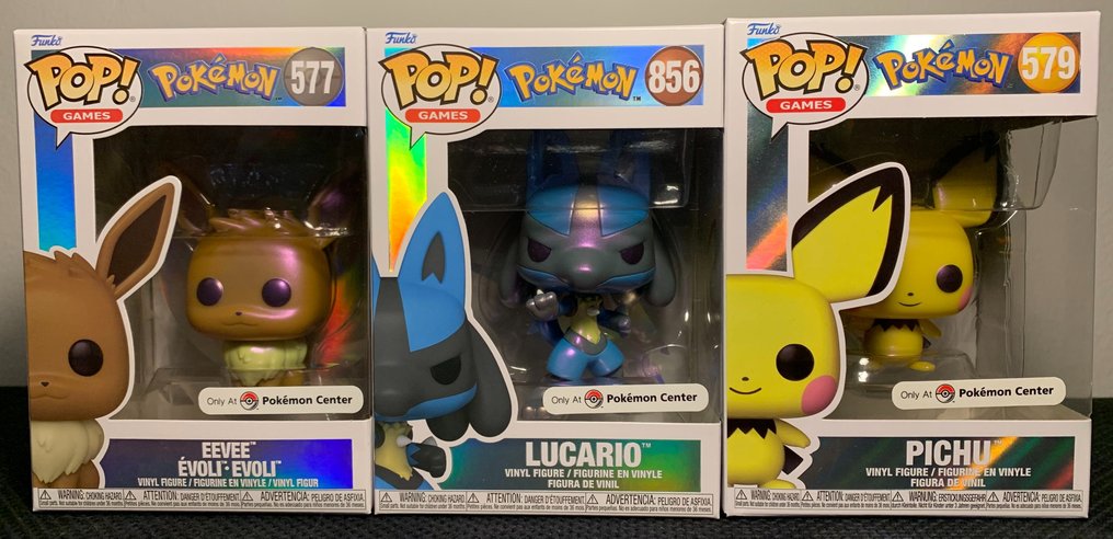 Funko  - Funko Pop Pokémon Pearlescent Collection of 3 #577 Eevee #856 Lucario #579 Pichu #1.1