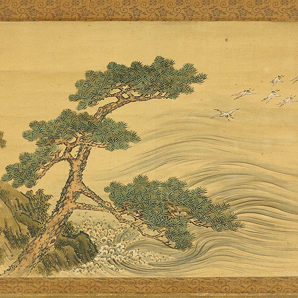 Nine Cranes Pine Tree Bamboo and Lapping Waves - Matsumura Keibun 松村景文 (1779-1843) - Japonia - Późny okres Edo  (Bez ceny minimalnej
) #1.1